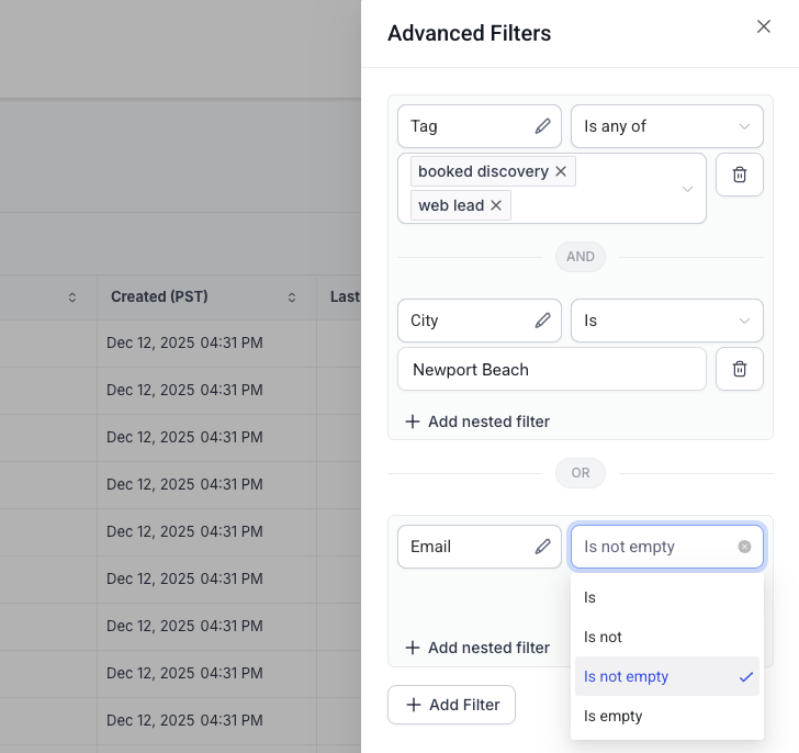 Advanced filtering screenshot
