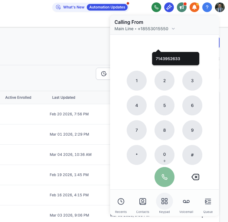 Dial pad and power dialer screenshot